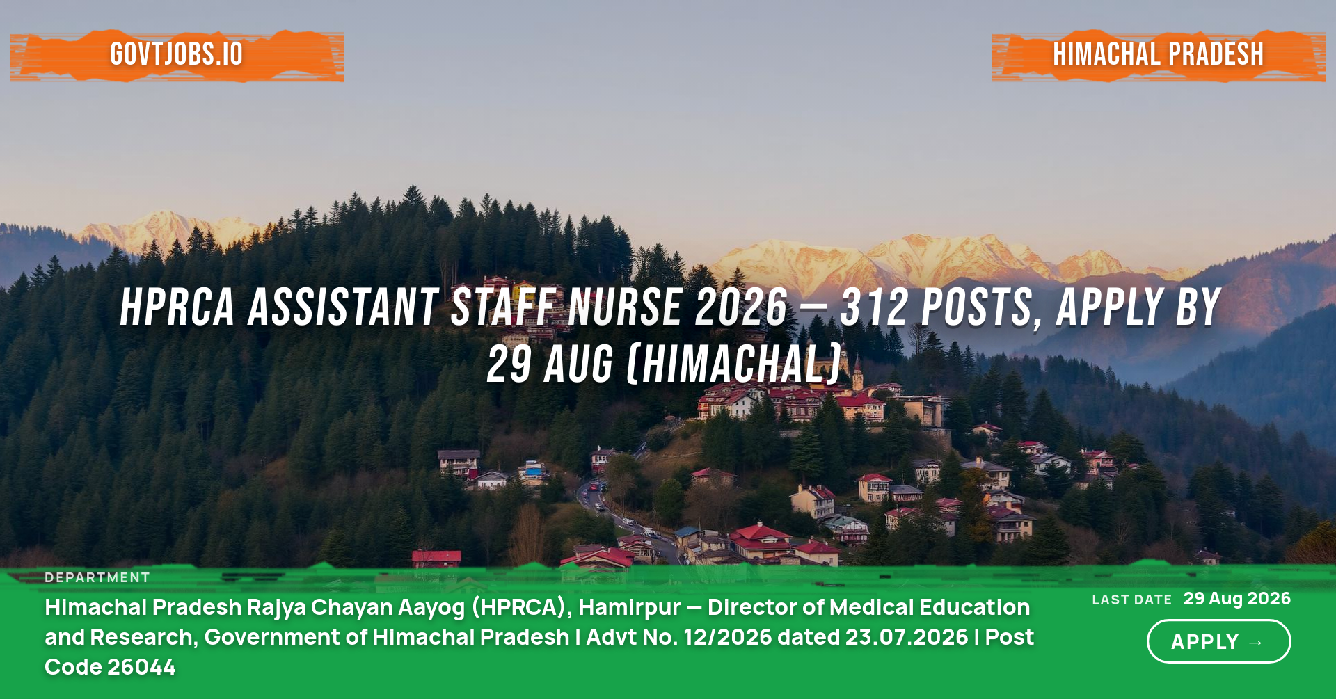 HPRCA Assistant Staff Nurse 2026 — 312 Posts, Apply by 29 Aug (Himachal)