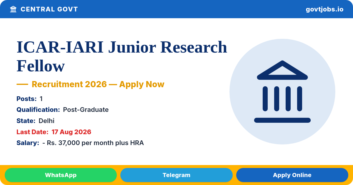 ICAR-IARI Junior Research Fellow Recruitment 2026 - 1 Post