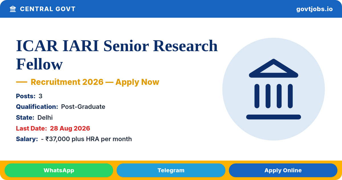 ICAR IARI Senior Research Fellow Recruitment 2026 — 3 Posts, Apply Online by 28 Aug (Delhi)