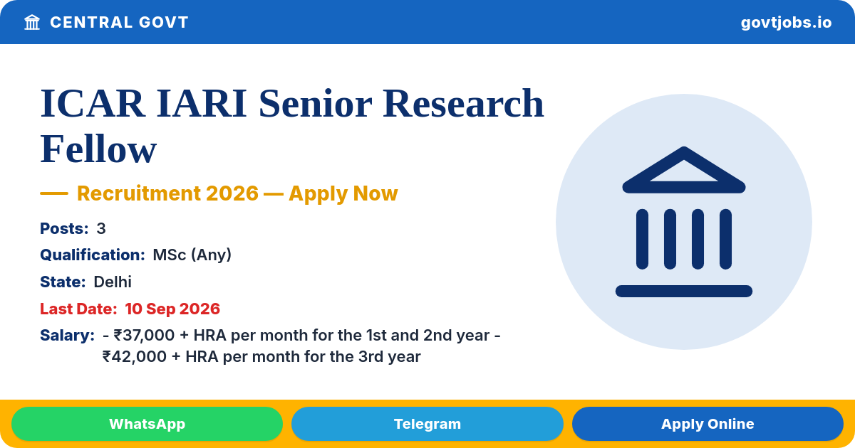 ICAR IARI Senior Research Fellow Recruitment 2026 (Walk-in) — 3 Posts, 10 Sep