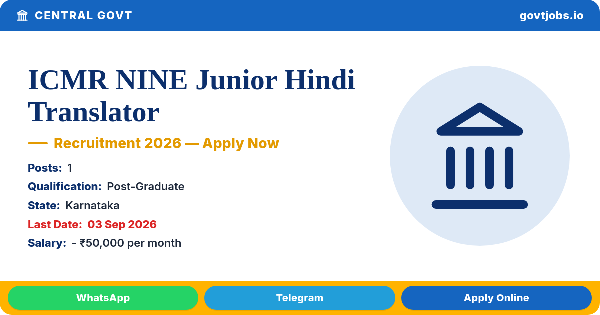 ICMR NINE Junior Hindi Translator Recruitment 2026 — 1 Post, Apply by 03 Sep (Karnataka)