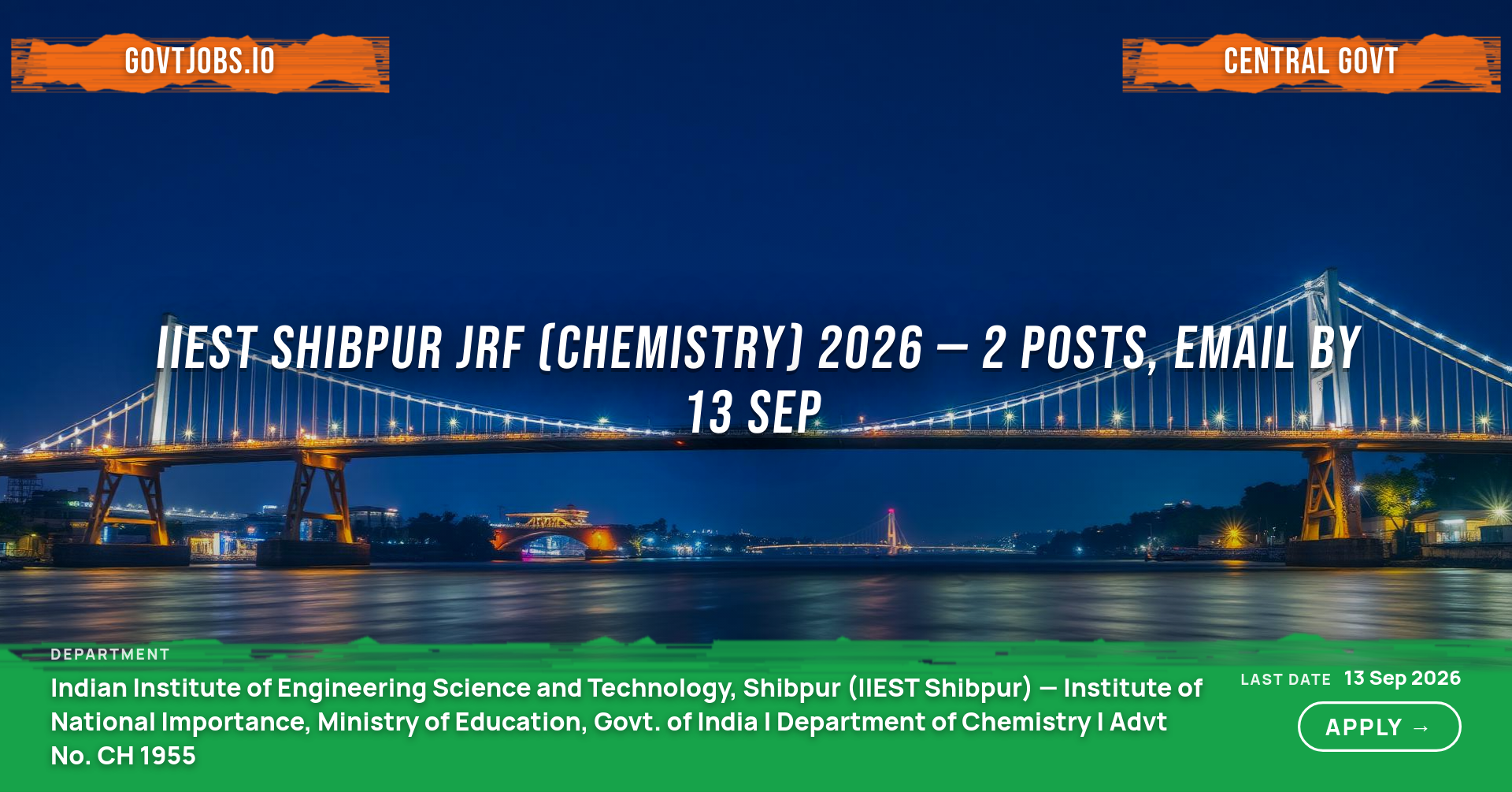 IIEST Shibpur JRF (Chemistry) 2026 — 2 Posts, Email by 13 Sep