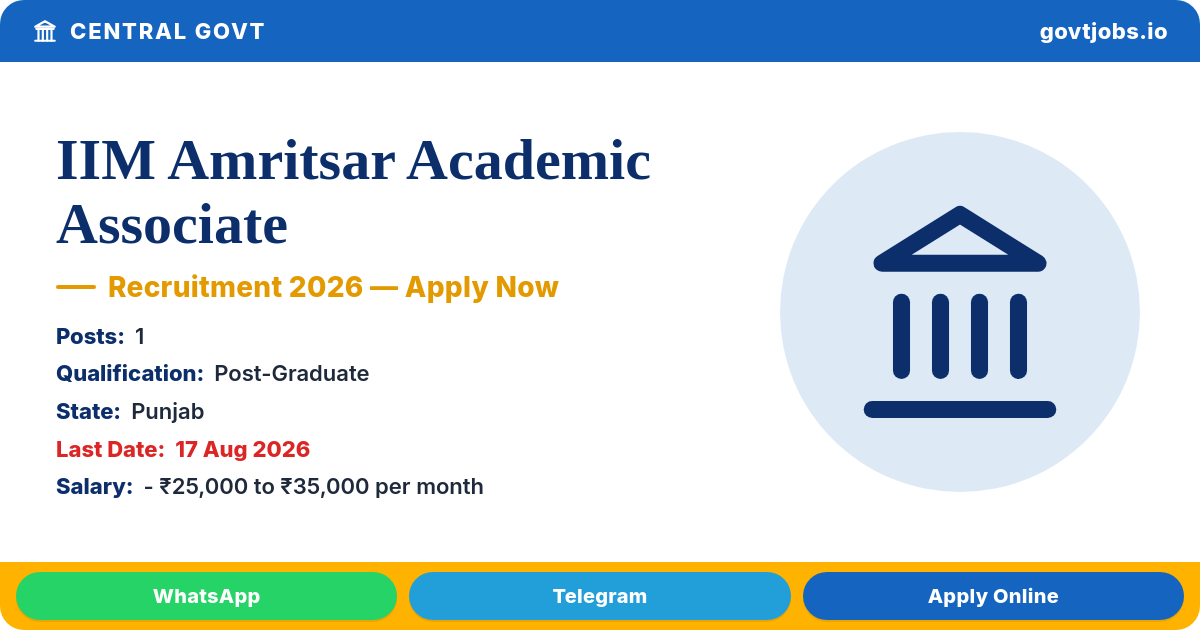IIM Amritsar Academic Associate - Trainee Recruitment 2026 — 1 Post, Apply Online by 17 Aug (Punjab)