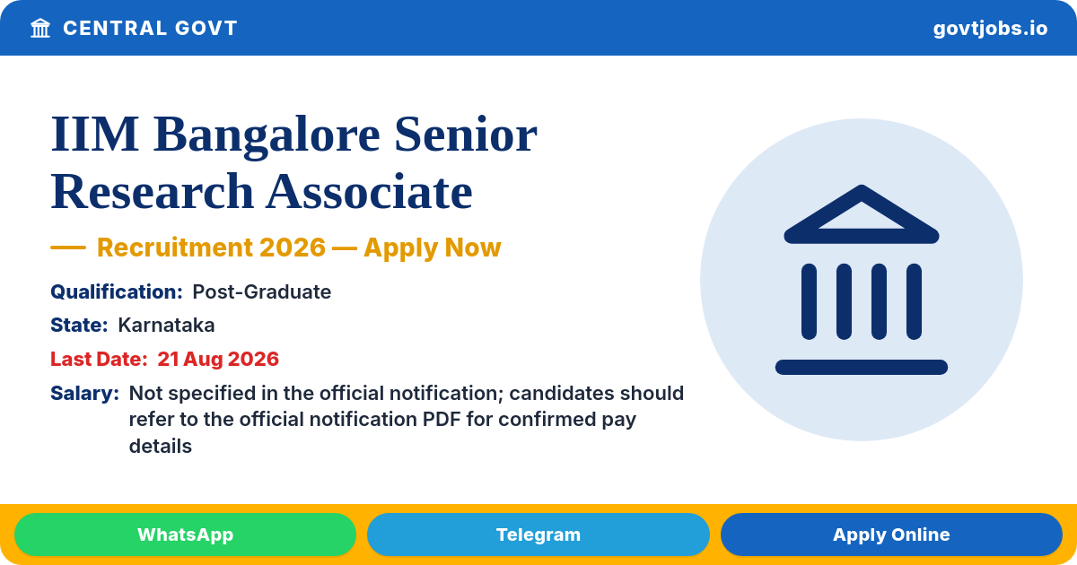 IIM Bangalore Senior Research Associate Recruitment 2026 — Jal Jeevan Mission, Apply Online by 21 Aug (Karnataka)