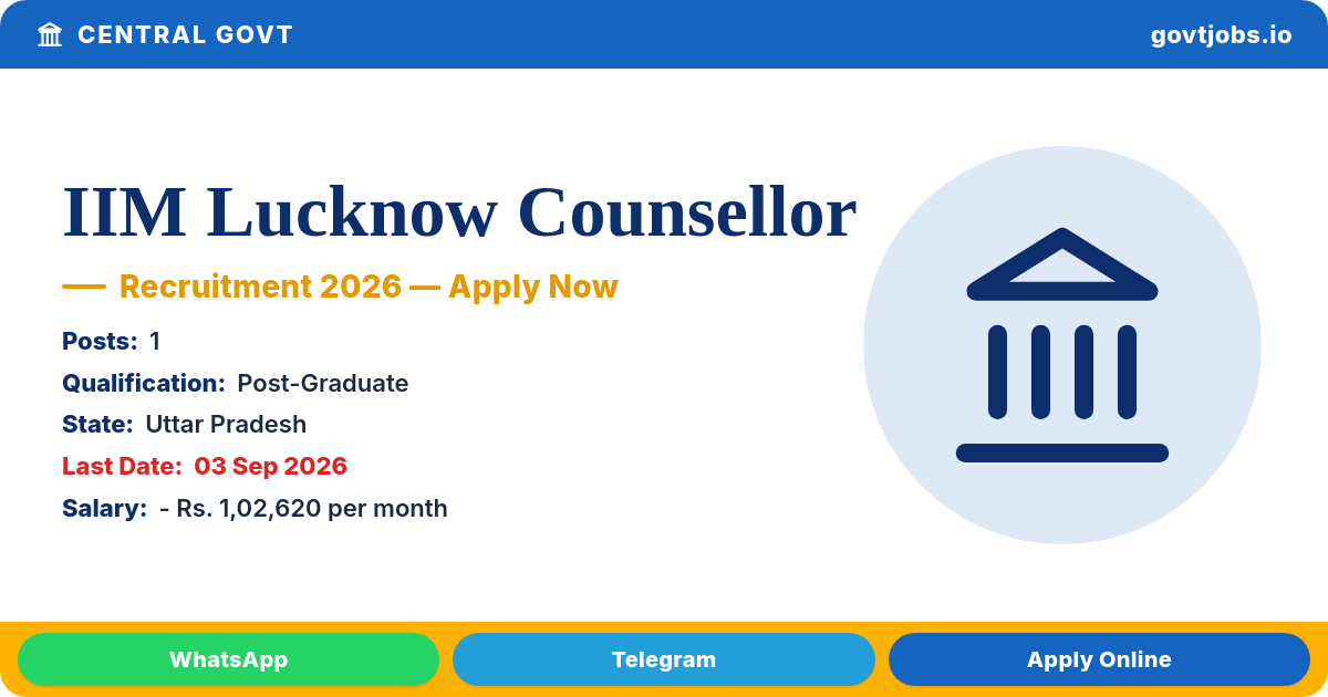 IIM Lucknow Counsellor Recruitment 2026 — 1 Post, Apply by 03 Sep