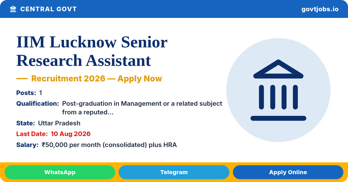 IIM Lucknow Senior Research Assistant Recruitment 2026 — 1 Post, Apply by 10 Aug (Uttar Pradesh)