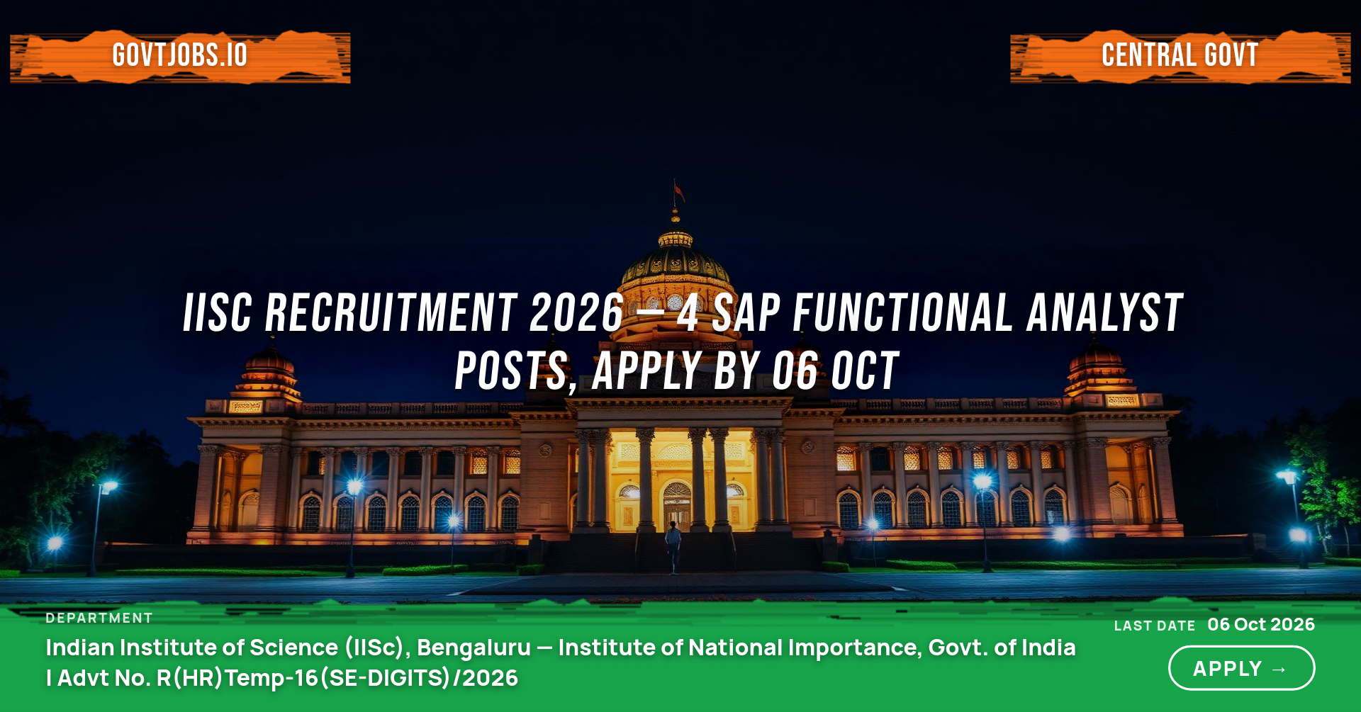 IISc Recruitment 2026 — 4 SAP Functional Analyst Posts, Apply by 06 Oct