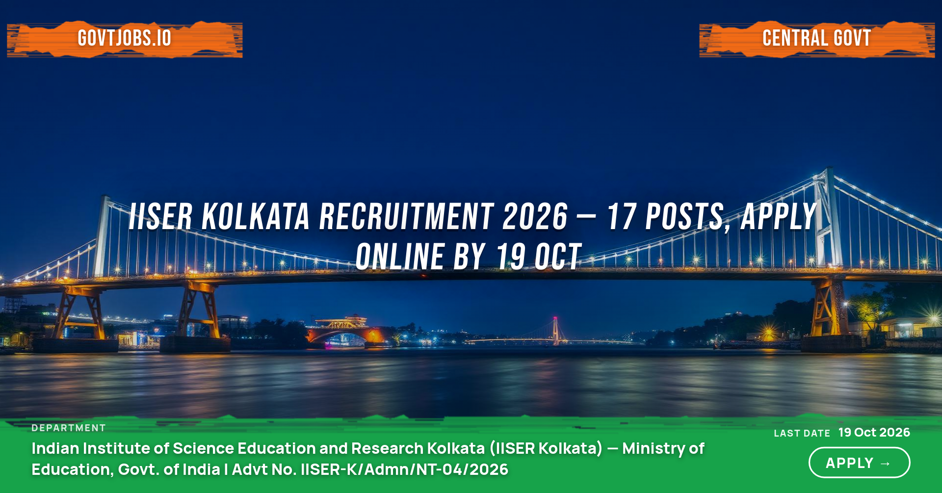 IISER Kolkata Recruitment 2026 — 17 Posts, Apply Online by 19 Oct