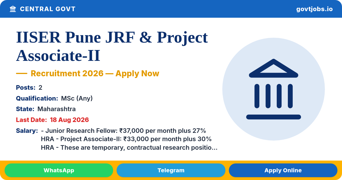 IISER Pune JRF & Project Associate-II Recruitment 2026 — 2 Posts, Apply Online by 18 Aug (Maharashtra)