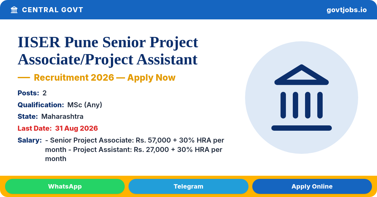 IISER Pune Senior Project Associate/Project Assistant Recruitment 2026 — 2 Posts, Apply by 31 Aug