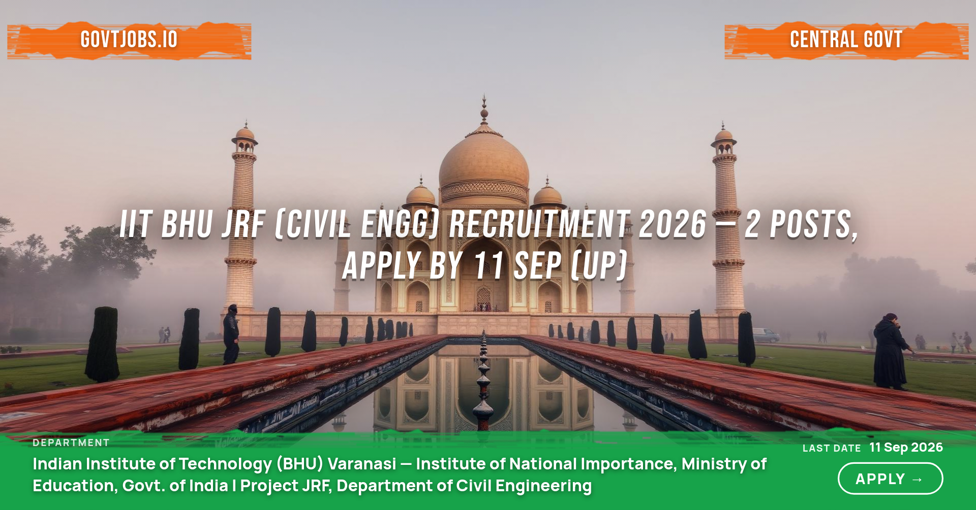 IIT BHU JRF (Civil Engg) Recruitment 2026 — 2 Posts, Apply by 11 Sep (UP)