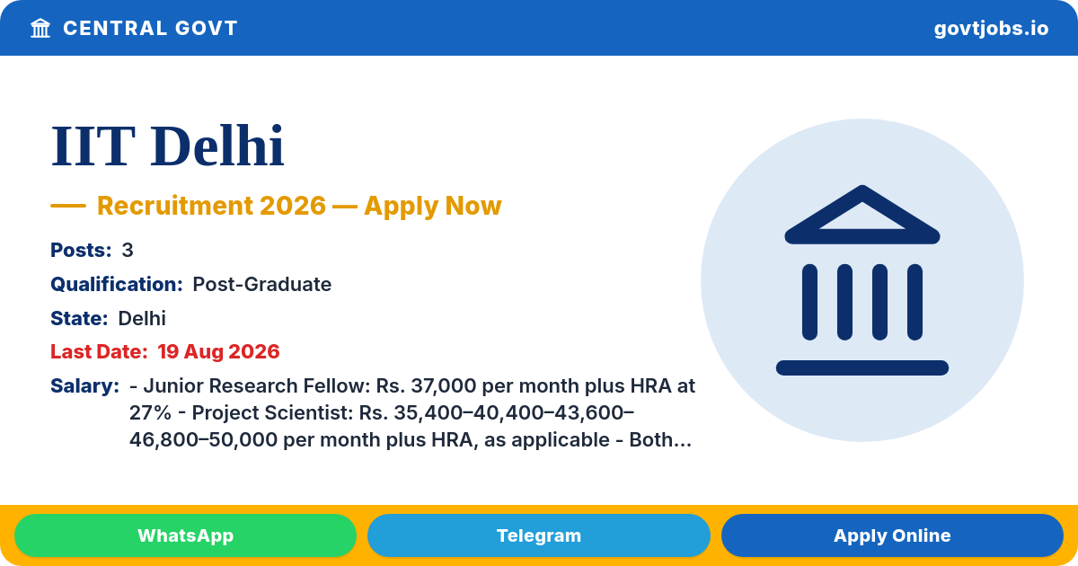 IIT Delhi Recruitment 2026 — 3 Posts (JRF, Project Scientist), Walk-in 19 Aug