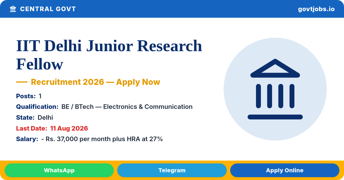IIT Delhi Junior Research Fellow Recruitment 2026 — 1 Post, Apply by 11 August (Delhi)
