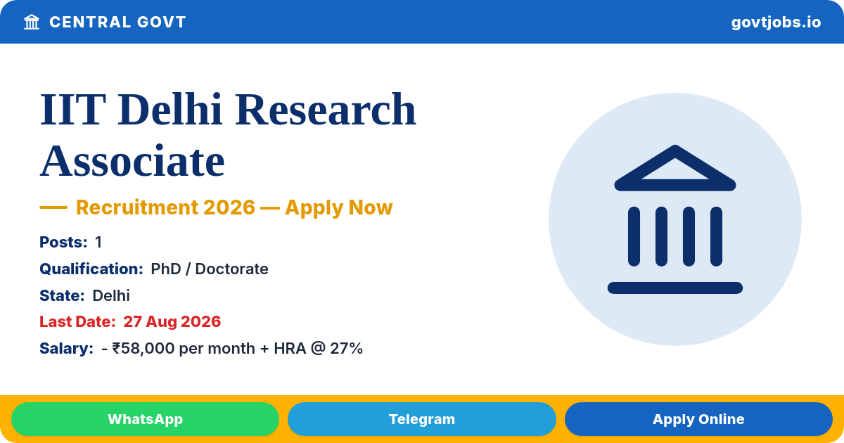 IIT Delhi Research Associate Recruitment 2026 — 1 Post, Apply via Email by 27 Aug