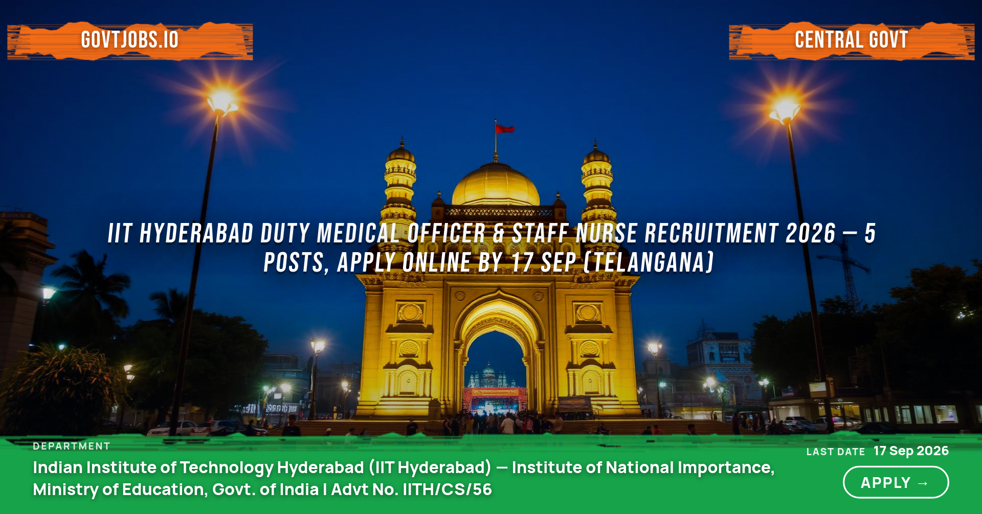 IIT Hyderabad Duty Medical Officer & Staff Nurse Recruitment 2026 — 5 Posts, Apply Online by 17 Sep (Telangana)