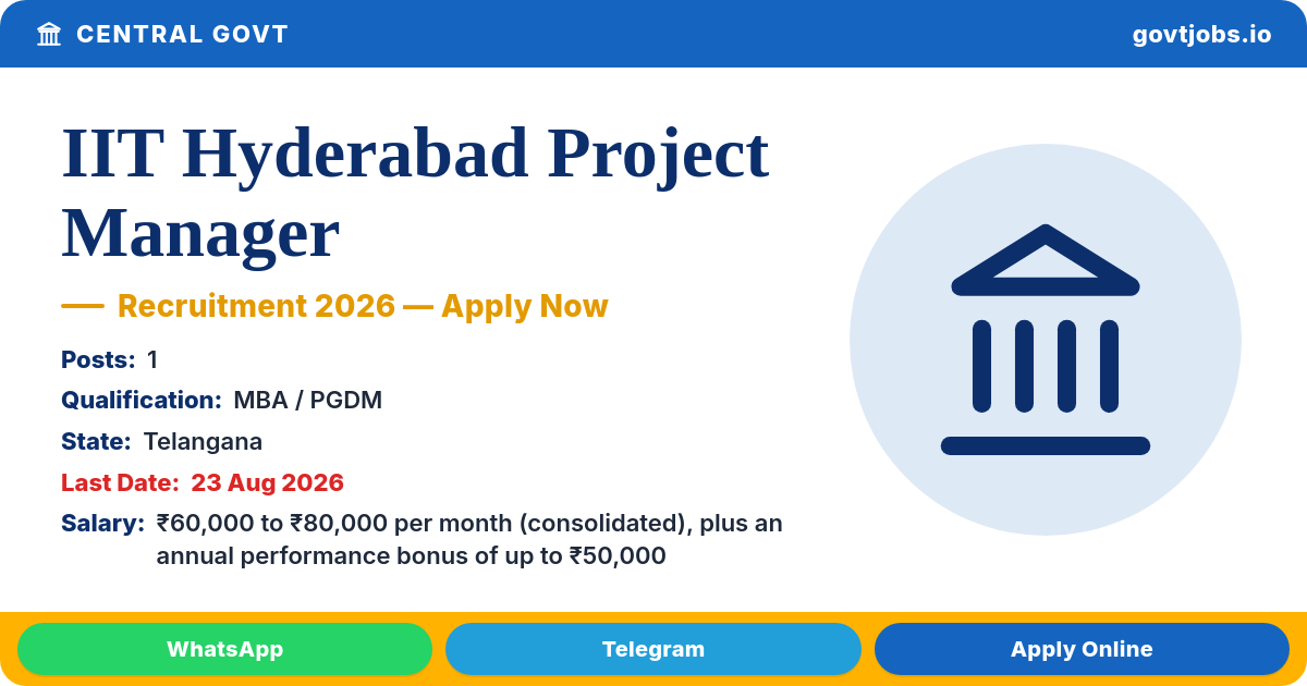 IIT Hyderabad Project Manager Recruitment 2026 — 1 Post, Apply Online by 23 Aug (Telangana)