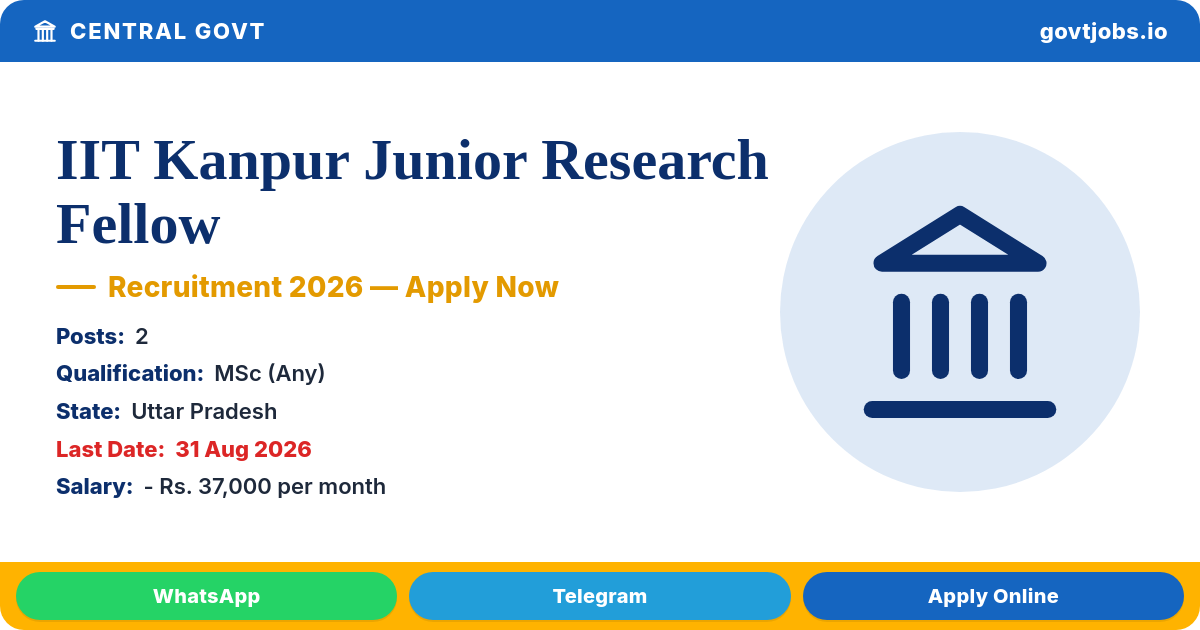 IIT Kanpur Junior Research Fellow Recruitment 2026 — 2 Posts, Apply by 31 Aug (Life Sciences)