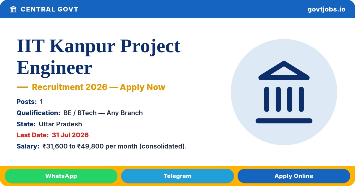 IIT Kanpur Project Engineer Recruitment 2026 — 1 Post, Apply Offline by 31 July (Uttar Pradesh)