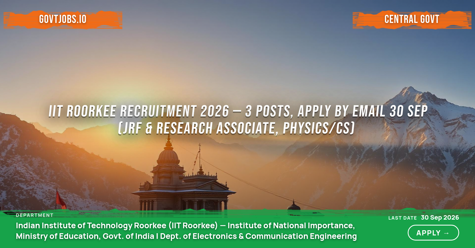 IIT Roorkee Recruitment 2026 — 3 Posts, Apply by Email 30 Sep (JRF & Research Associate, Physics/CS)