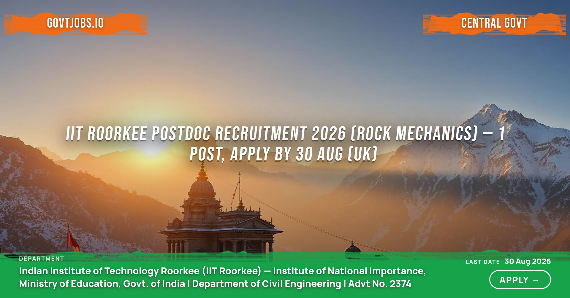 IIT Roorkee Postdoc Recruitment 2026 (Rock Mechanics) — 1 Post, Apply by 30 Aug (UK)