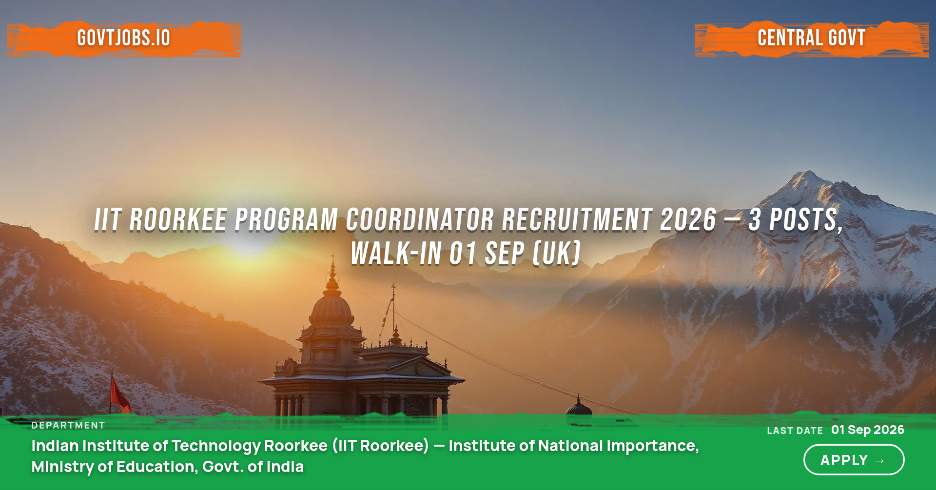 IIT Roorkee Program Coordinator Recruitment 2026 — 3 Posts, Walk-in 01 Sep (UK)