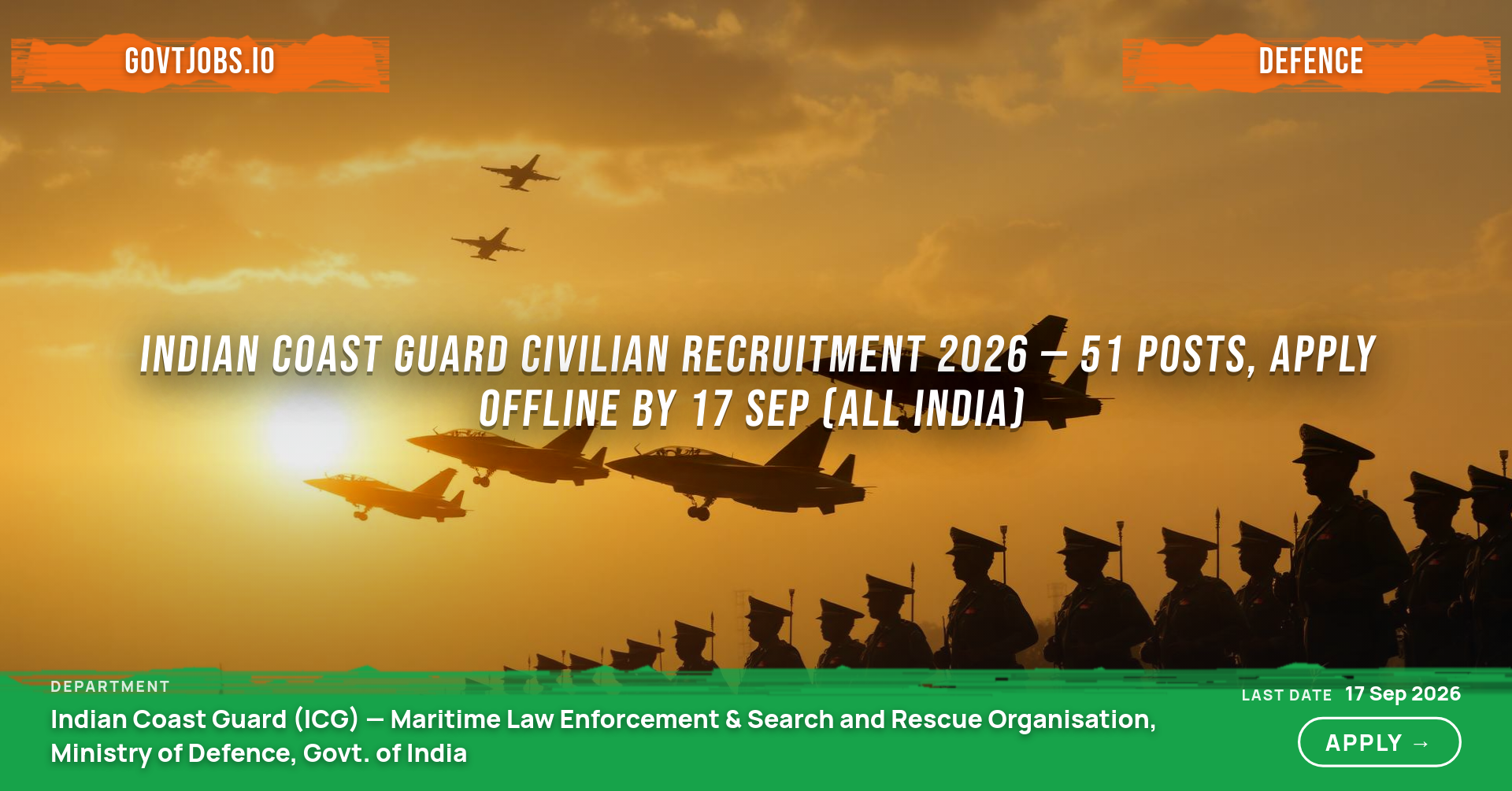 Indian Coast Guard Civilian Recruitment 2026 — 51 Posts, Apply Offline by 17 Sep (All India)