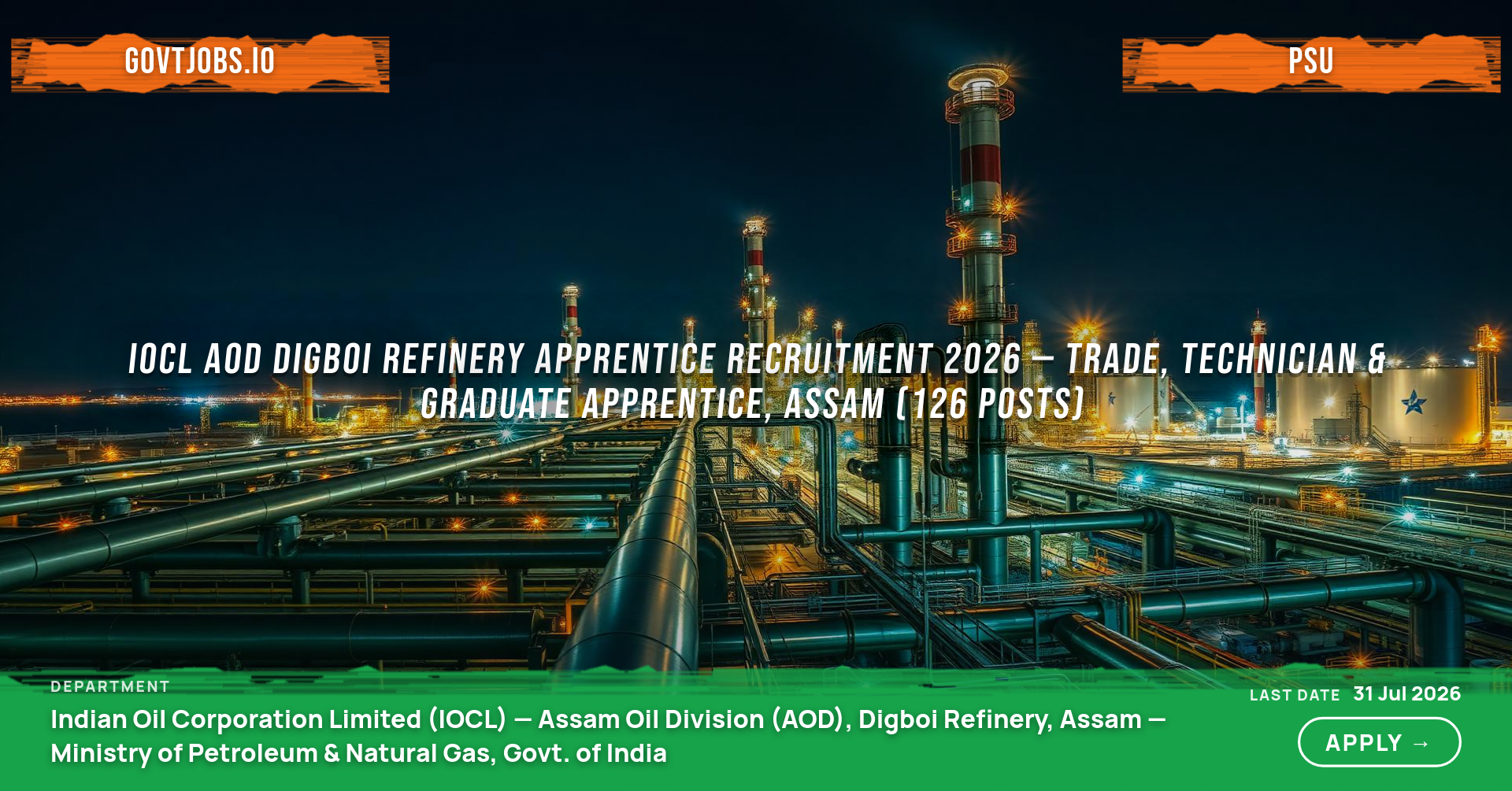 IOCL AOD Digboi Refinery Apprentice Recruitment 2026 — Trade, Technician & Graduate Apprentice, Assam (126 Posts)