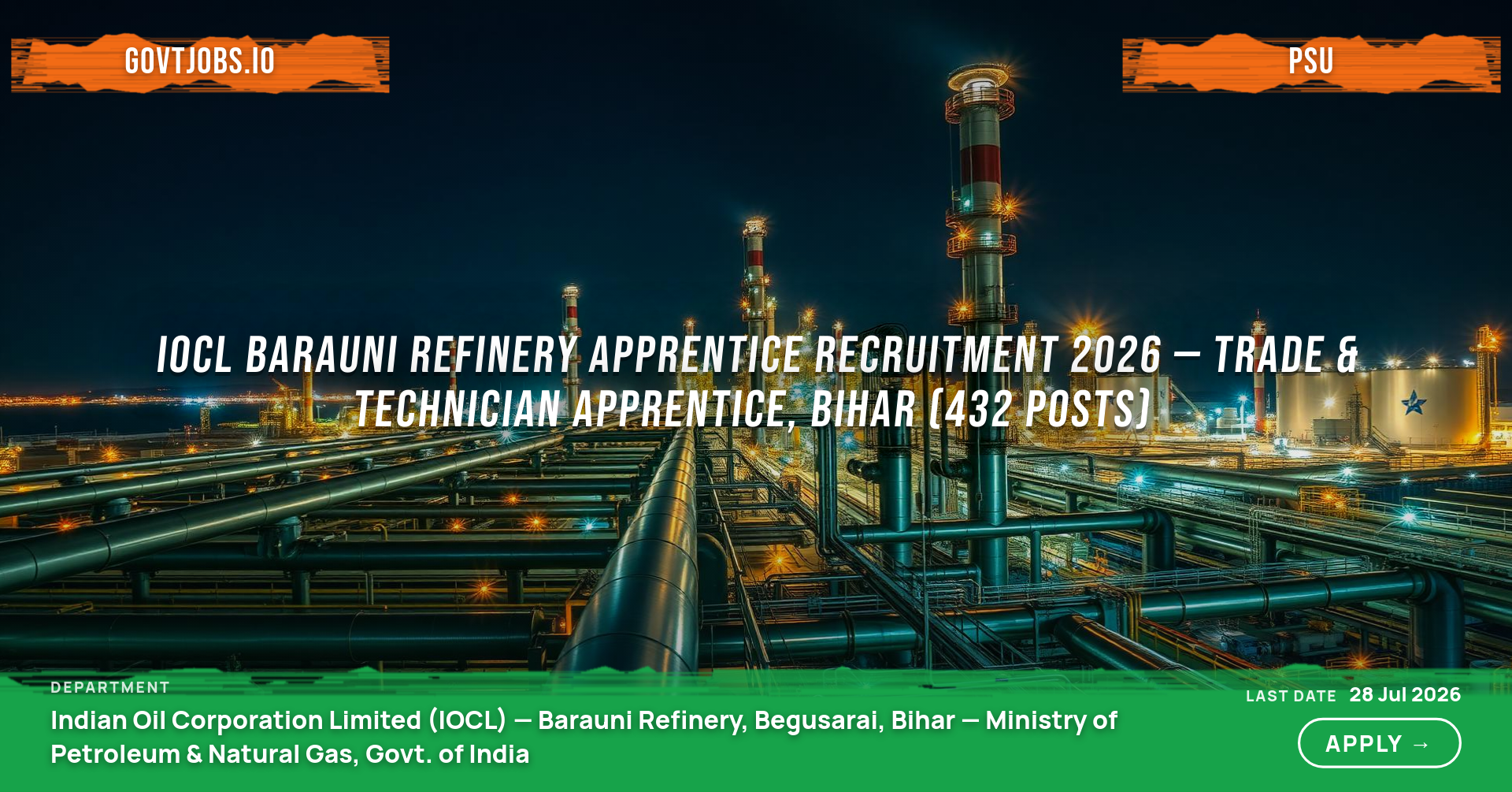 IOCL Barauni Refinery Apprentice Recruitment 2026 — Trade & Technician Apprentice, Bihar (432 Posts)