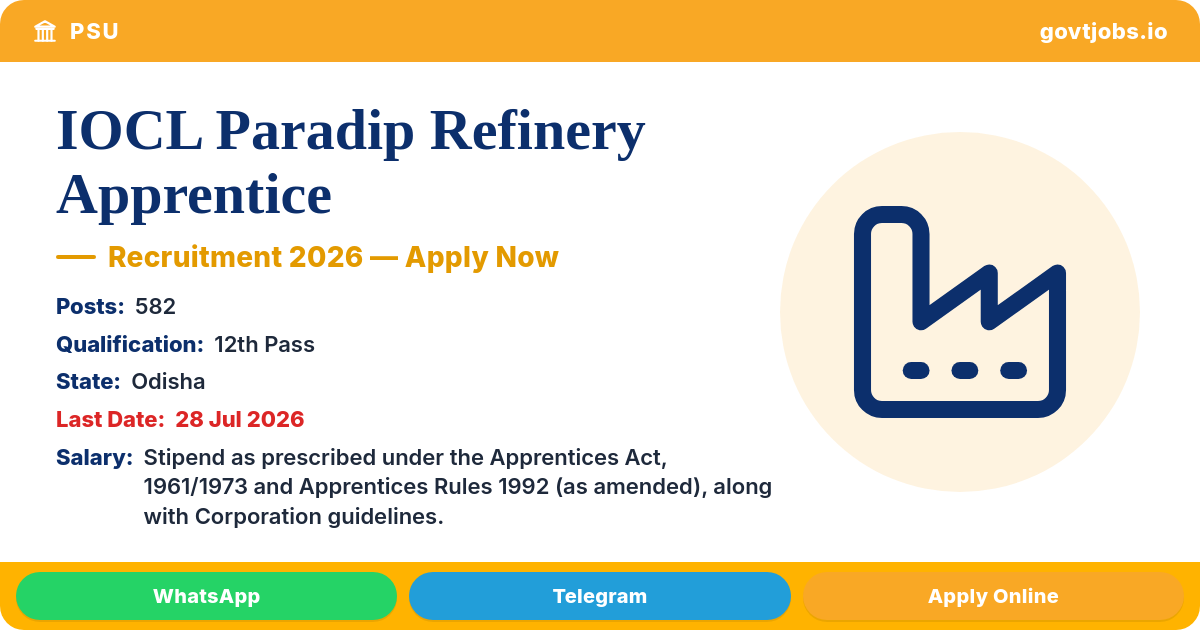 IOCL Paradip Refinery Apprentice 2026 — 582 Posts, Apply by 28 Jul (Odisha)