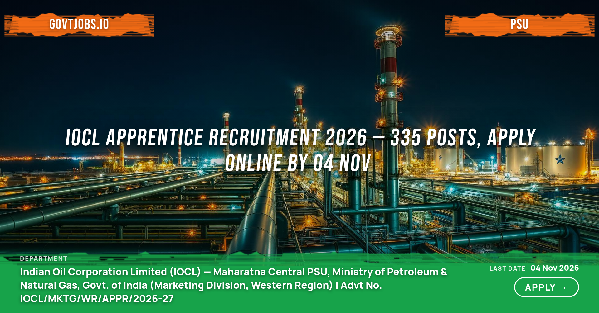 IOCL Apprentice Recruitment 2026 — 335 Posts, Apply Online by 04 Nov