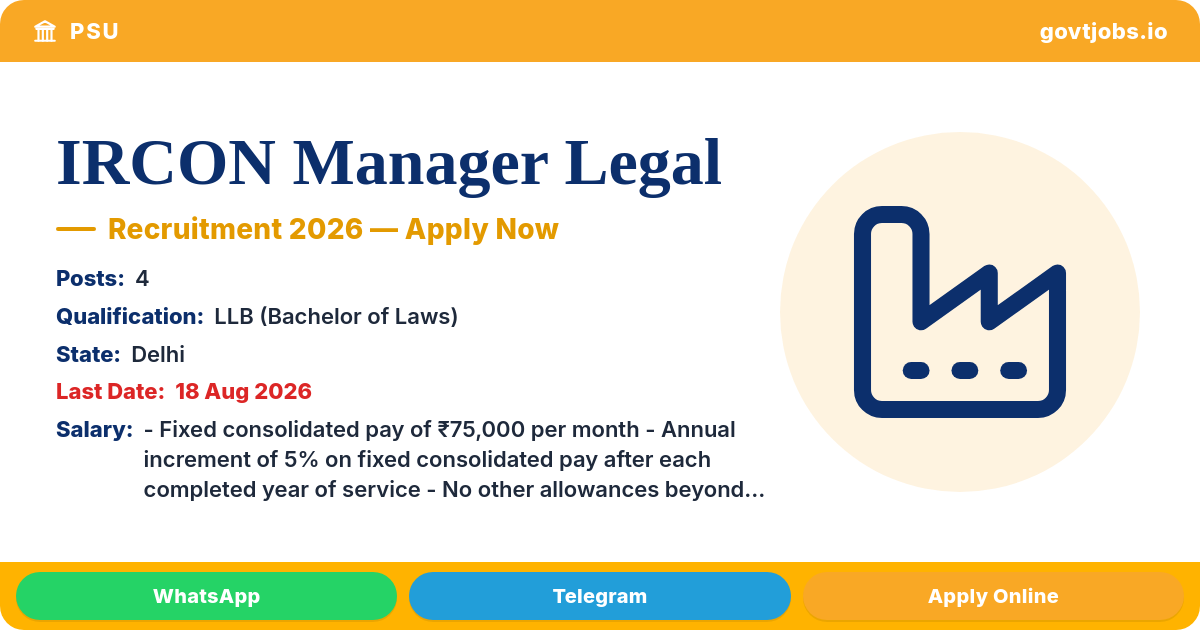 IRCON Manager Legal Recruitment 2026 — 4 Posts, Walk-in 18 Aug (Delhi)