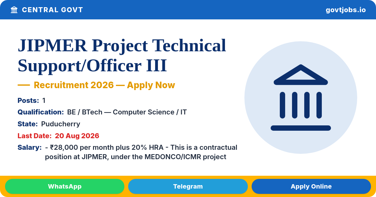 JIPMER Project Technical Support/Officer III Recruitment 2026 — 1 Post, Apply by 20 Aug (Puducherry)