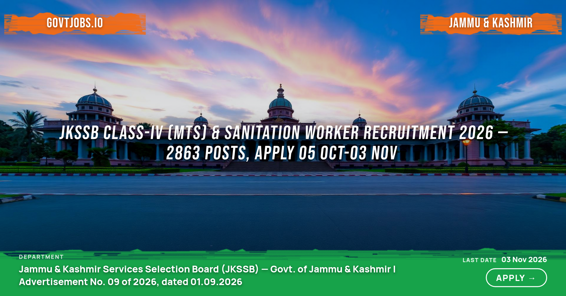 JKSSB Class-IV (MTS) & Sanitation Worker Recruitment 2026 — 2863 Posts, Apply 05 Oct-03 Nov
