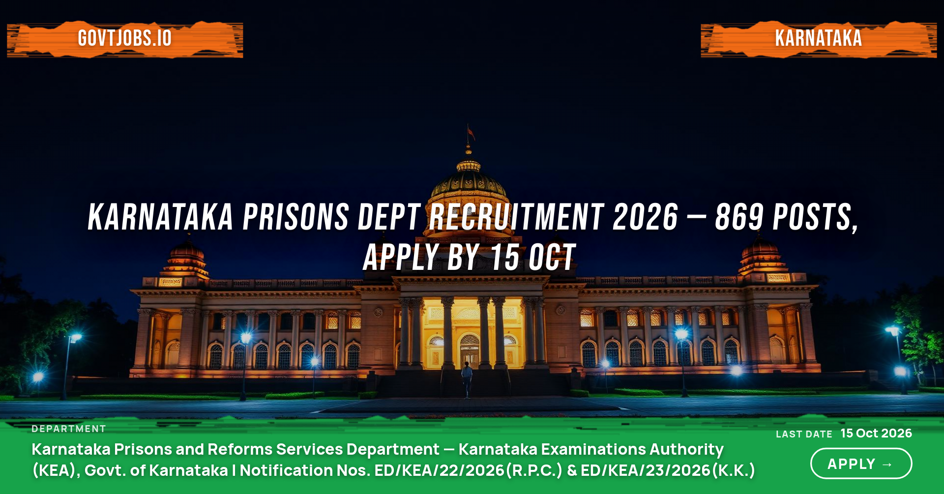 Karnataka Prisons Dept Recruitment 2026 — 869 Posts, Apply by 15 Oct
