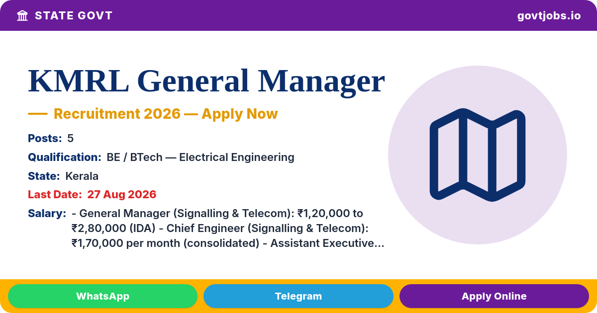 KMRL General Manager, Chief Engineer & More Recruitment 2026 — 5 Posts, Apply by 27 Aug (Kerala)