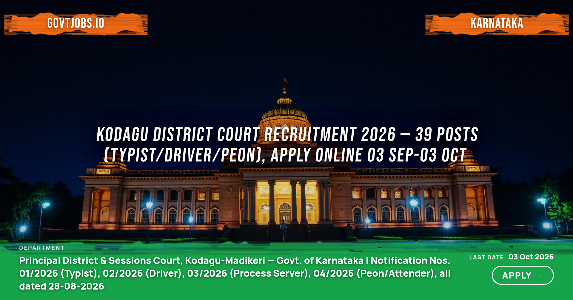 Kodagu District Court Recruitment 2026 — 39 Posts (Typist/Driver/Peon), Apply Online 03 Sep-03 Oct
