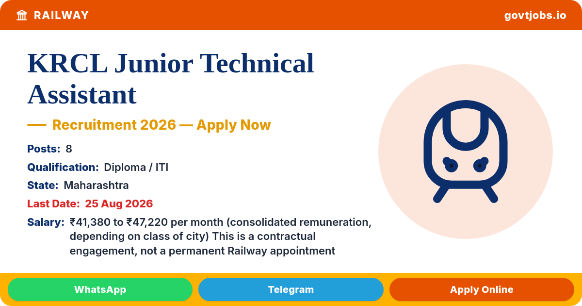 KRCL Junior Technical Assistant 2026 — 8 Posts, Walk-in 25 Aug