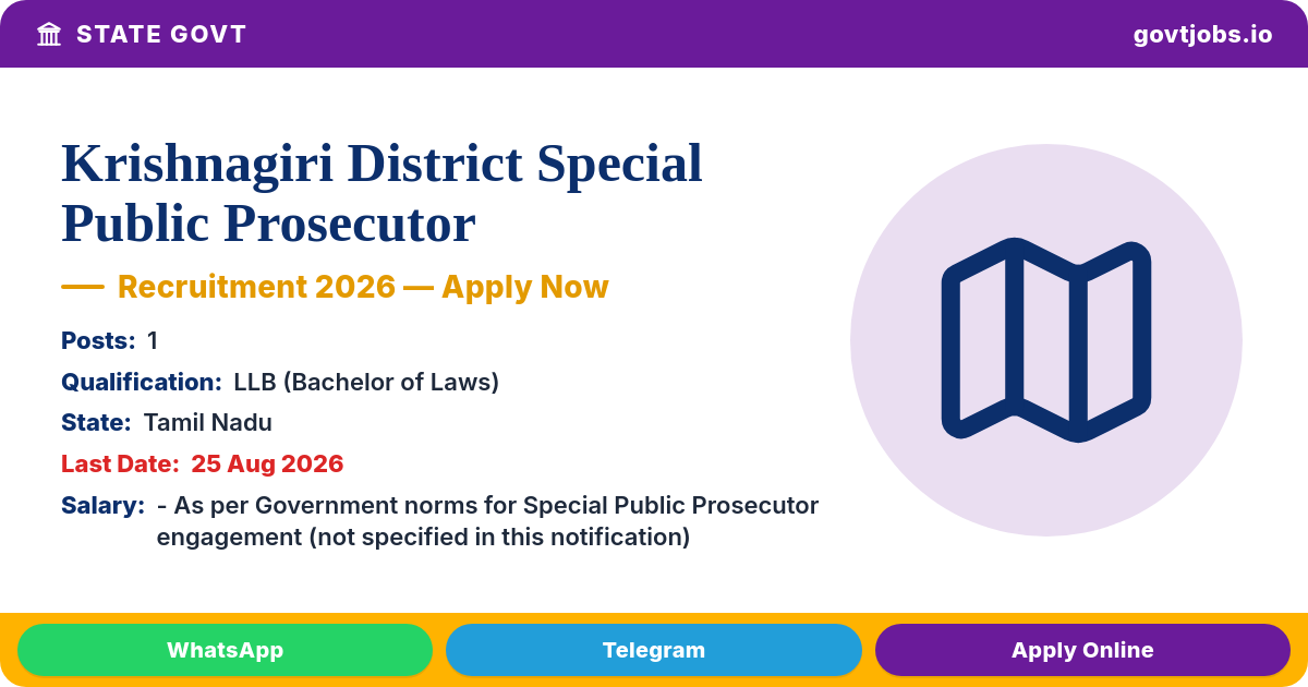 Krishnagiri District Special Public Prosecutor Recruitment 2026 — 1 Post, Apply by 25 Aug