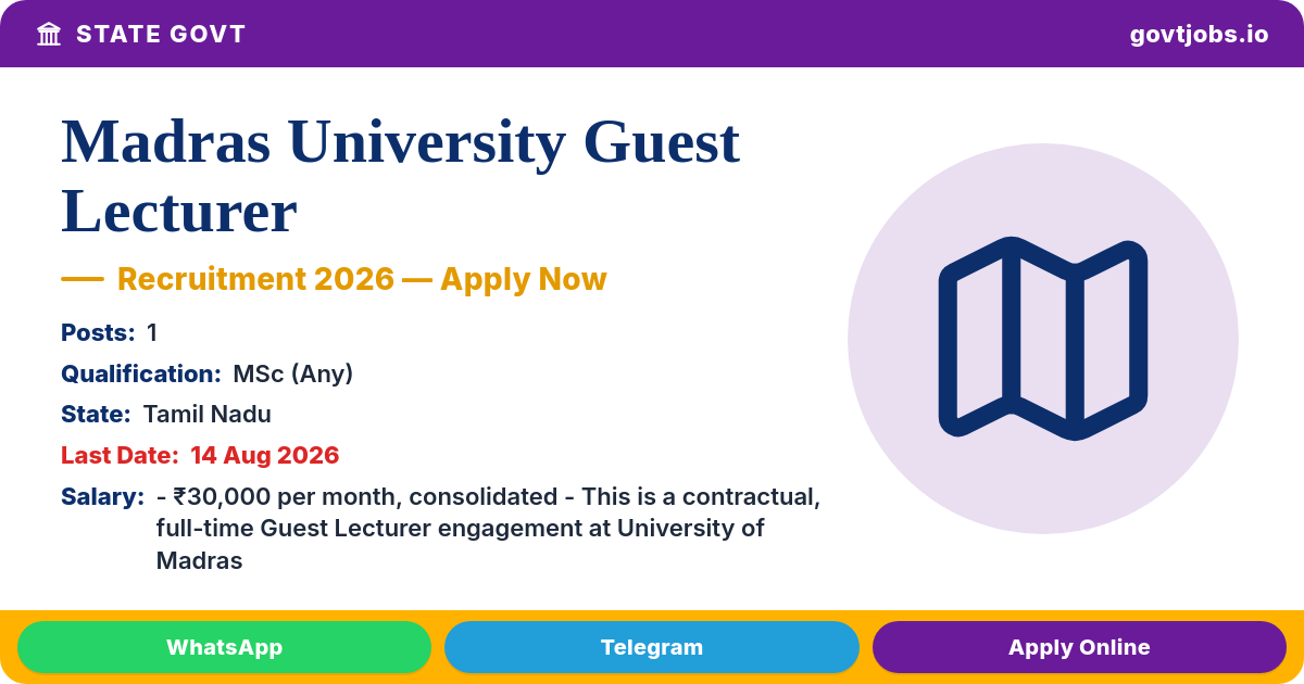 Madras University Guest Lecturer Recruitment 2026 — 1 Post, Apply Offline by 14 Aug (Tamil Nadu)
