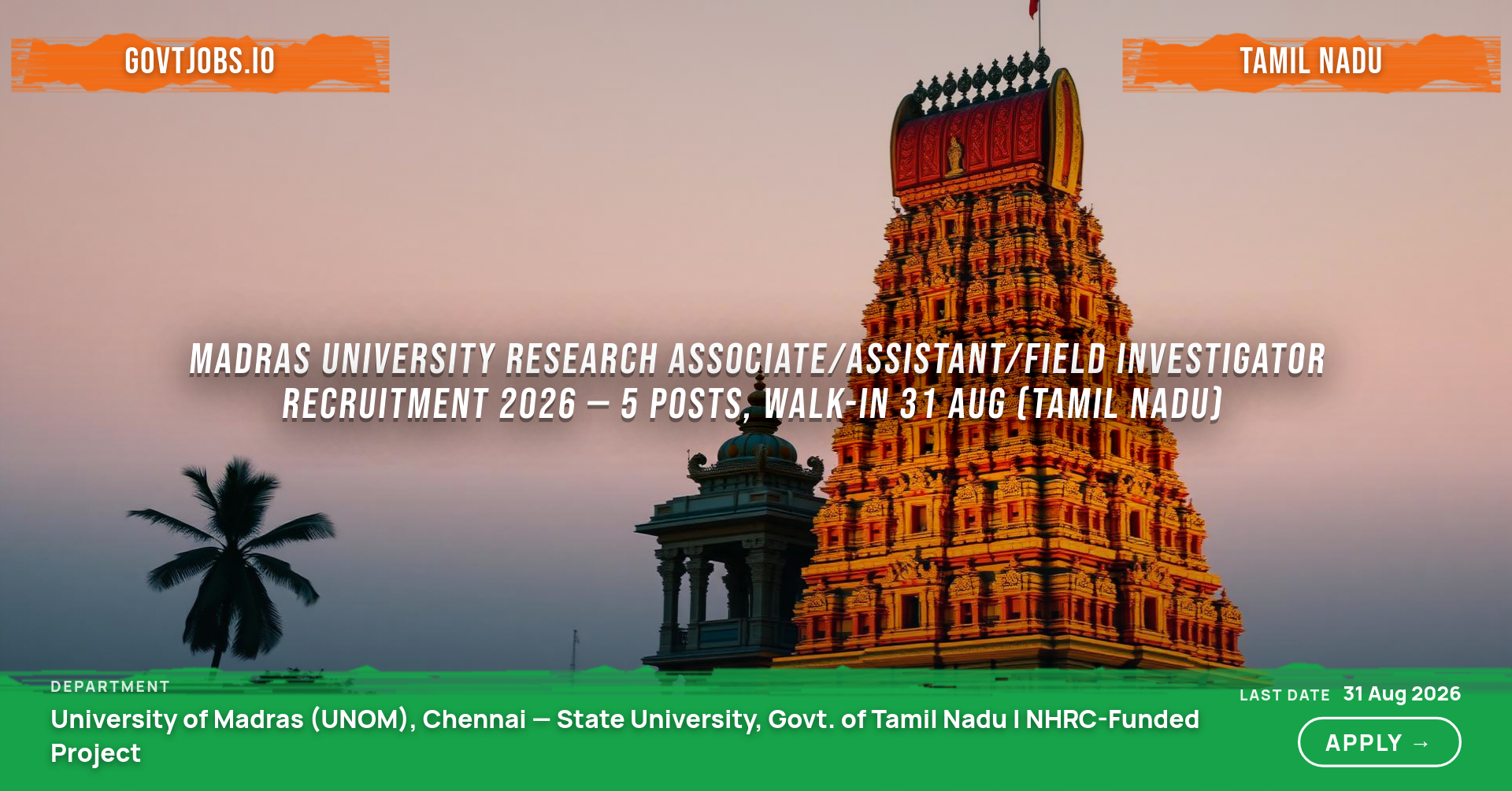 Madras University Research Associate/Assistant/Field Investigator Recruitment 2026 — 5 Posts, Walk-in 31 Aug (Tamil Nadu)