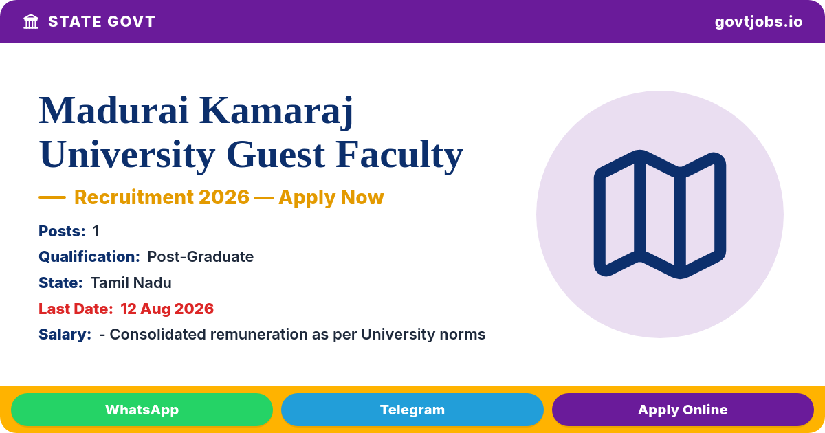 Madurai Kamaraj University Guest Faculty Recruitment 2026 — 1 Post, Walk-in 12 Aug (Tamil Nadu)