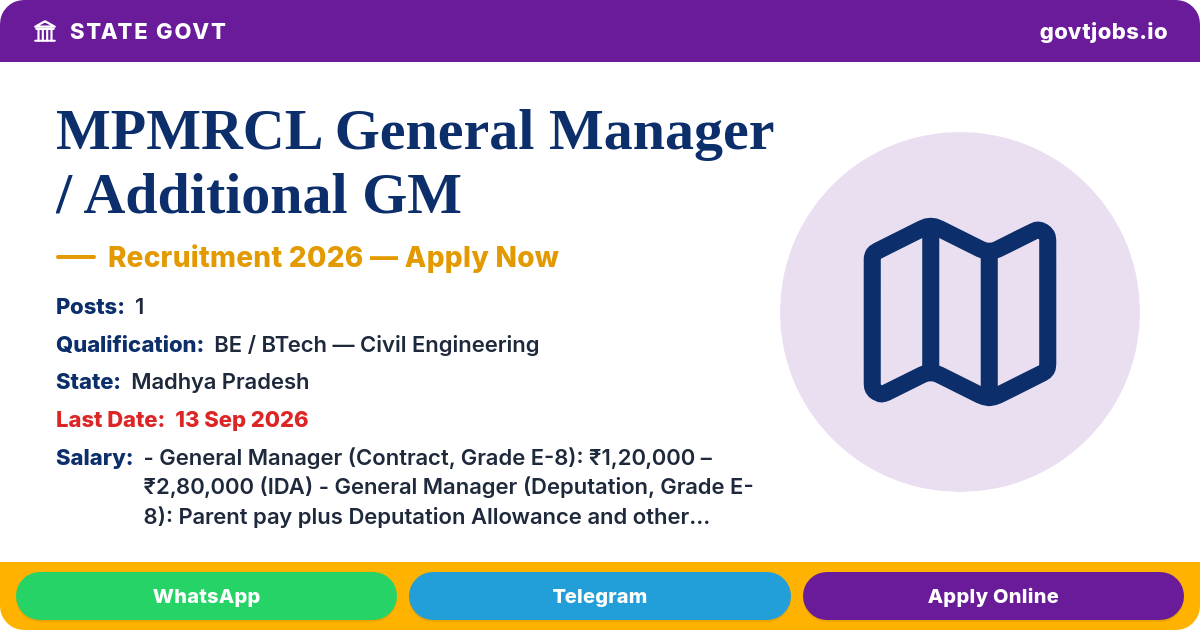 MPMRCL General Manager / Additional GM (Civil) Recruitment 2026 — 1 Post, Apply by 13 Sep
