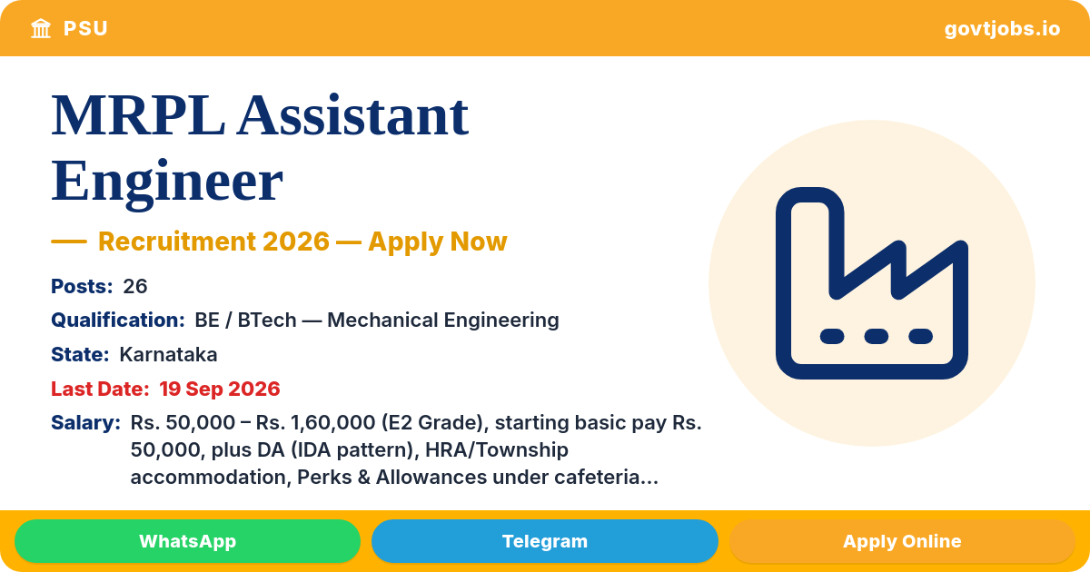 MRPL Assistant Engineer Recruitment 2026 — 26 Posts (E2 Grade)