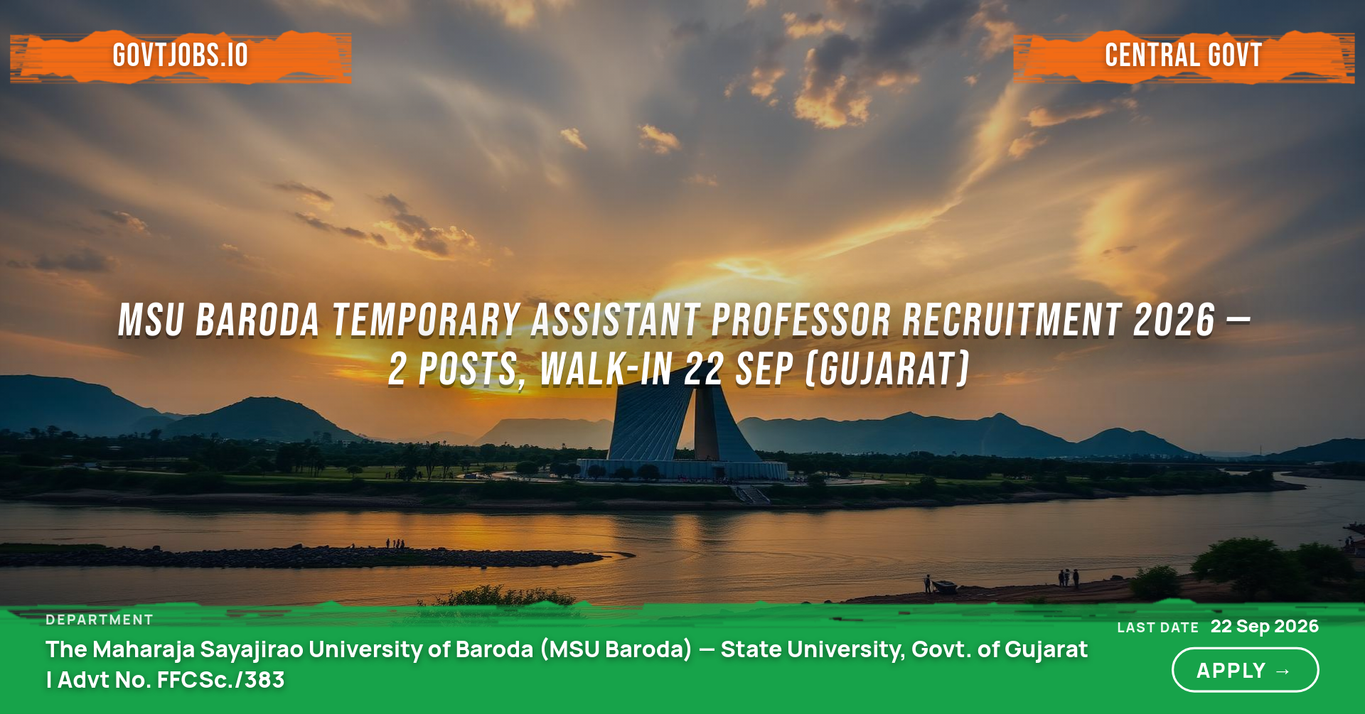 MSU Baroda Temporary Assistant Professor Recruitment 2026 — 2 Posts, Walk-in 22 Sep (Gujarat)