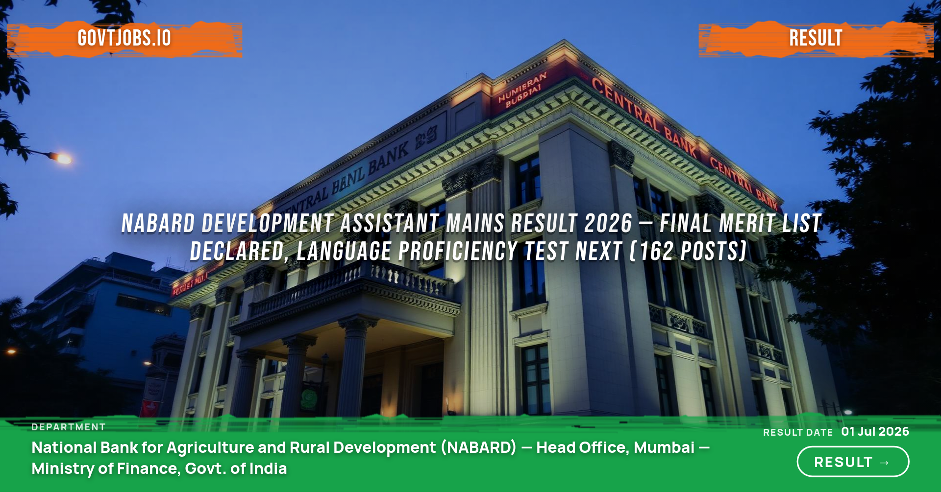 NABARD Development Assistant Mains Result 2026 — Final Merit List Declared, Language Proficiency Test Next (162 Posts)