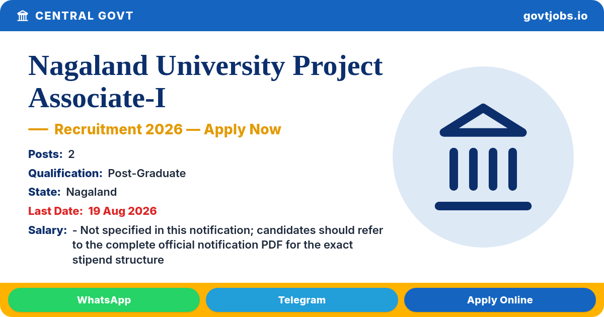 Nagaland University Project Associate-I Recruitment 2026 — 2 Posts, Walk-in 19 Aug (Nagaland)
