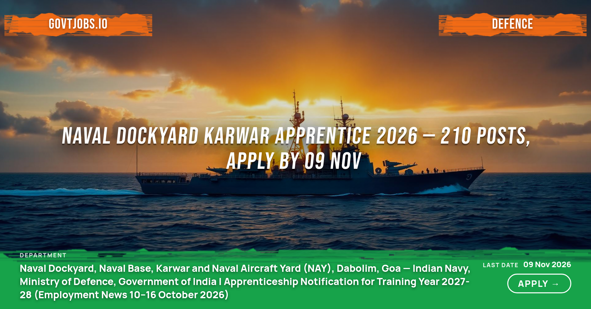 Naval Dockyard Karwar Apprentice 2026 — 210 Posts, Apply by 09 Nov