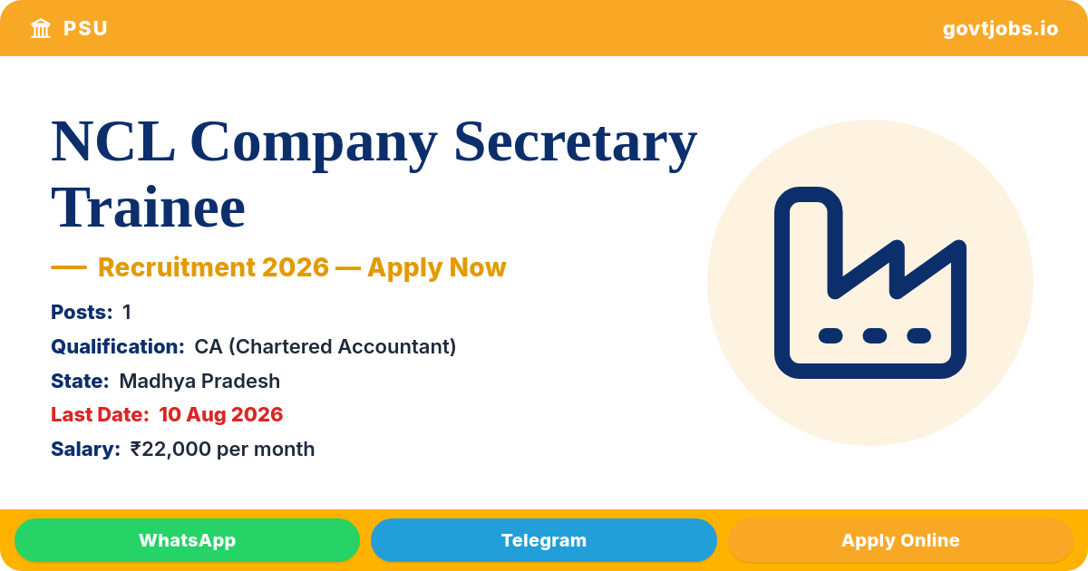 NCL Company Secretary Trainee Recruitment 2026 — 1 Post, Apply by 10 Aug (Madhya Pradesh)