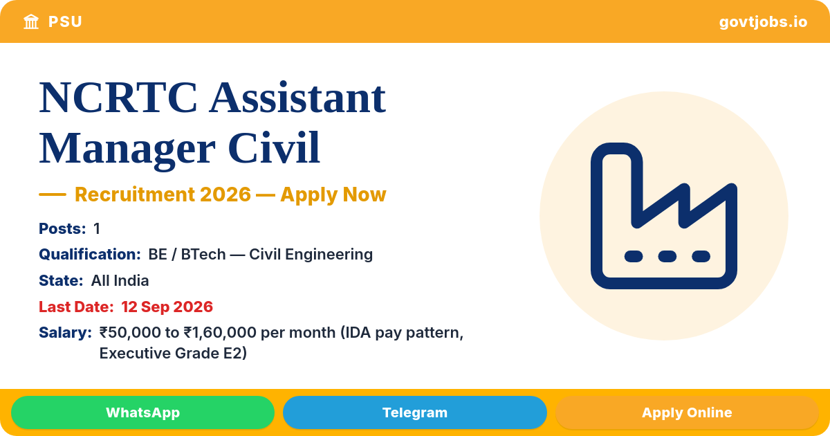 NCRTC Assistant Manager Civil Recruitment 2026 — 1 Post, Apply Online by 12 Sep (All India)