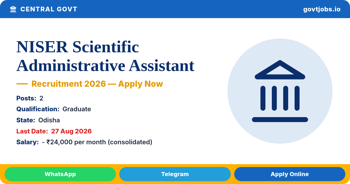 NISER Scientific Administrative Assistant Recruitment 2026 — 2 Posts, Walk-in 27 Aug (Odisha)